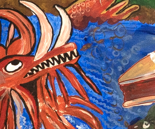 the head of the knucker dragon, bright red with sharp teeth and horns