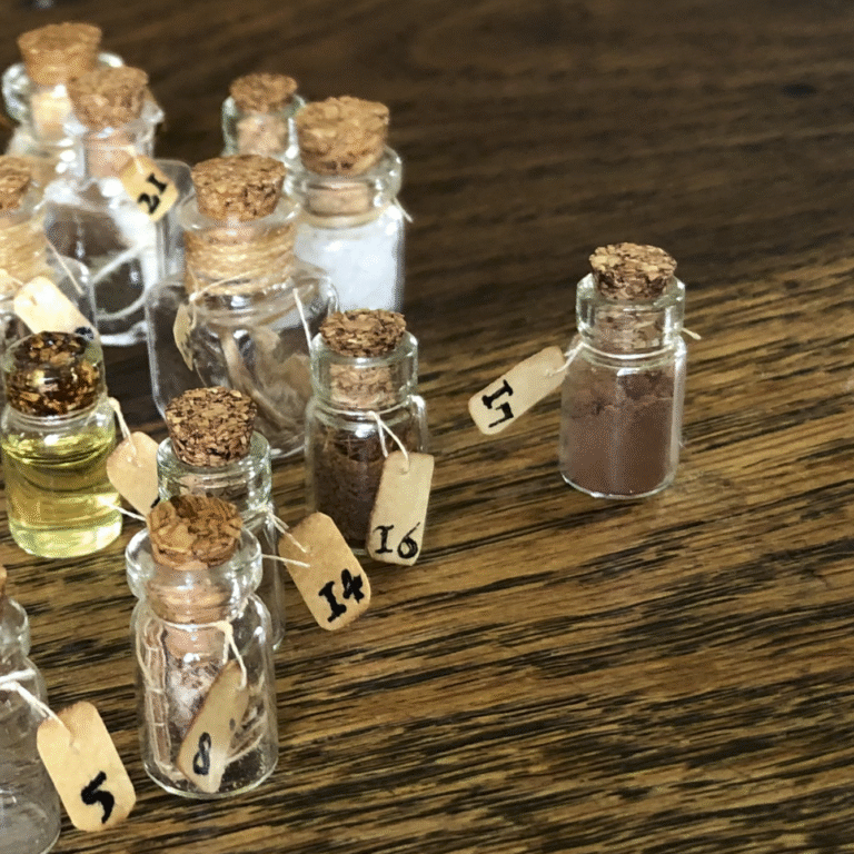 A group of small glass bottles, containing liquids and other items. They are corked and each bottle has a numbered tag tied to it