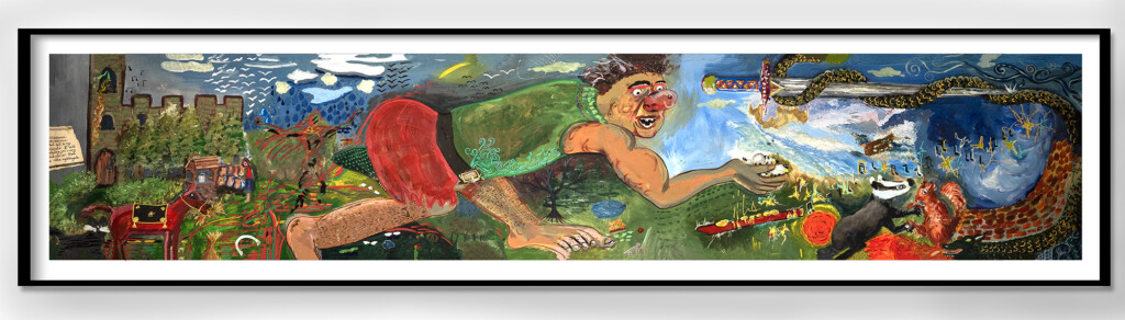 a long painting of a giant, leaning forward holding a sheep in his hand.