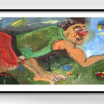 a long painting of a giant, leaning forward holding a sheep in his hand.