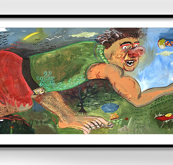a long painting of a giant, leaning forward holding a sheep in his hand.