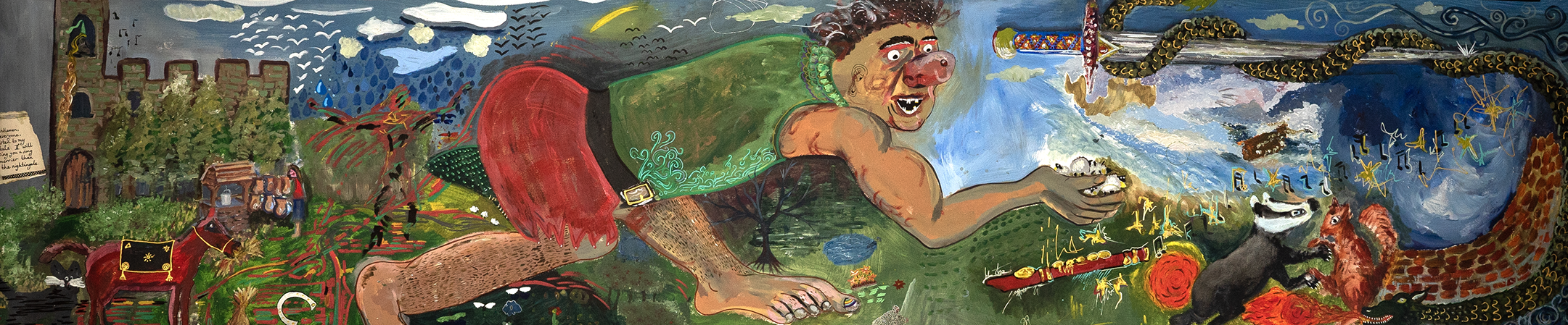 a painting of a giant, sprawling along the length of the work. He has a large red nose, a green vest top and red shorts, with bare feet. He is holding some sheep in his upturned hand.