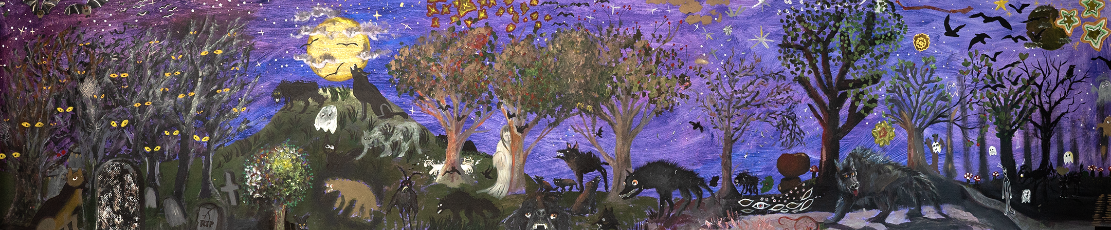 A long painting, purples and blacks. Sillhouettes of bare trees with the moonlight behind. Many ghostly, beastly black dogs roam around the trees. They have sharp teeth and bright yellow eyes