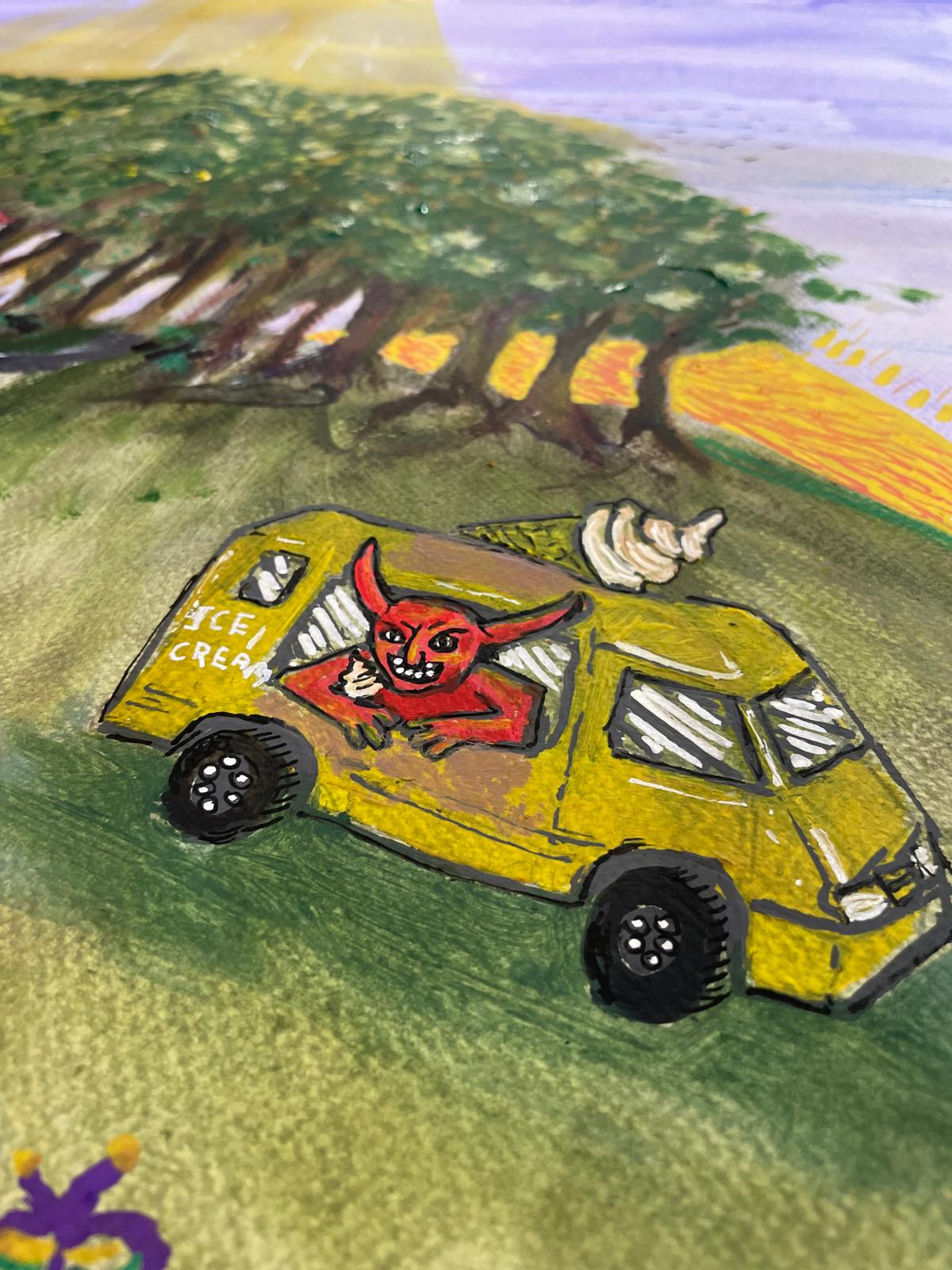 a detail of the Chanctonbury Ring painting shows the devil in an ice cream van. Behind him is the famous ring of beech trees atop chanctonbury hill