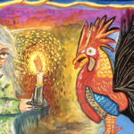 a painting of an old woman, holding a blazing candle. On one side of her is a cockerel, on the other the Devil is looking over a village in the distance