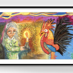 A long painting depicting the Devil's Dyke legend. On the left, the devil looks over a village in the distance, in the centre, an old lady holds a lit candle and a rooster. On the right, the devil abandons his digging and flees in anger