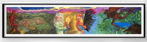 A long painting depicting the Devil's Dyke legend. On the left, the devil looks over a village in the distance, in the centre, an old lady holds a lit candle and a rooster. On the right, the devil abandons his digging and flees in anger