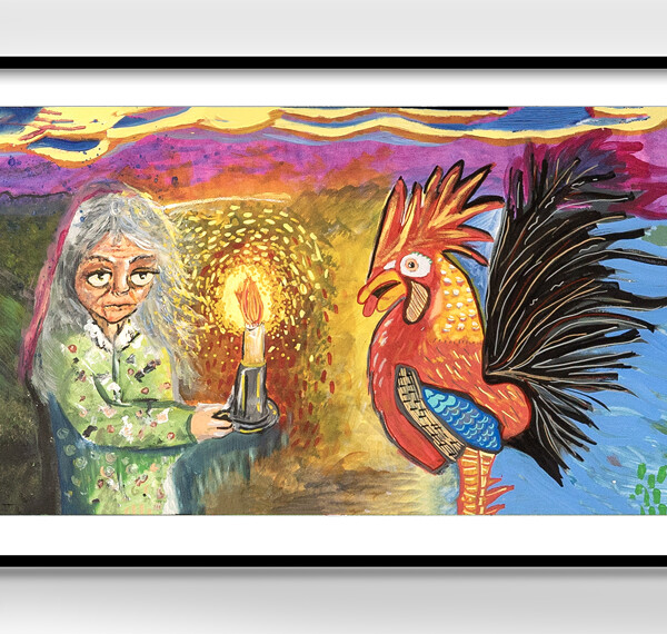 A long painting depicting the Devil's Dyke legend. On the left, the devil looks over a village in the distance, in the centre, an old lady holds a lit candle and a rooster. On the right, the devil abandons his digging and flees in anger