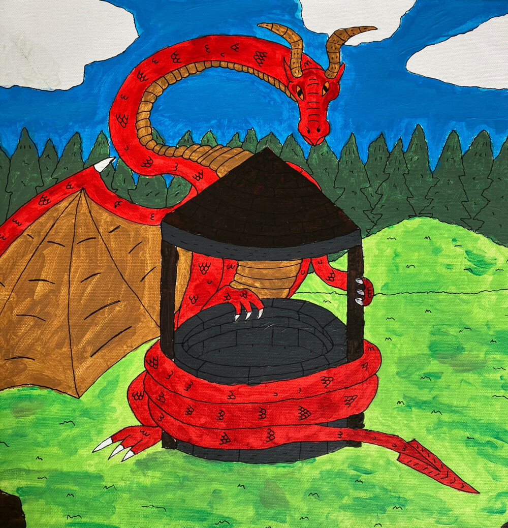 A red dragon is coiled around a water well