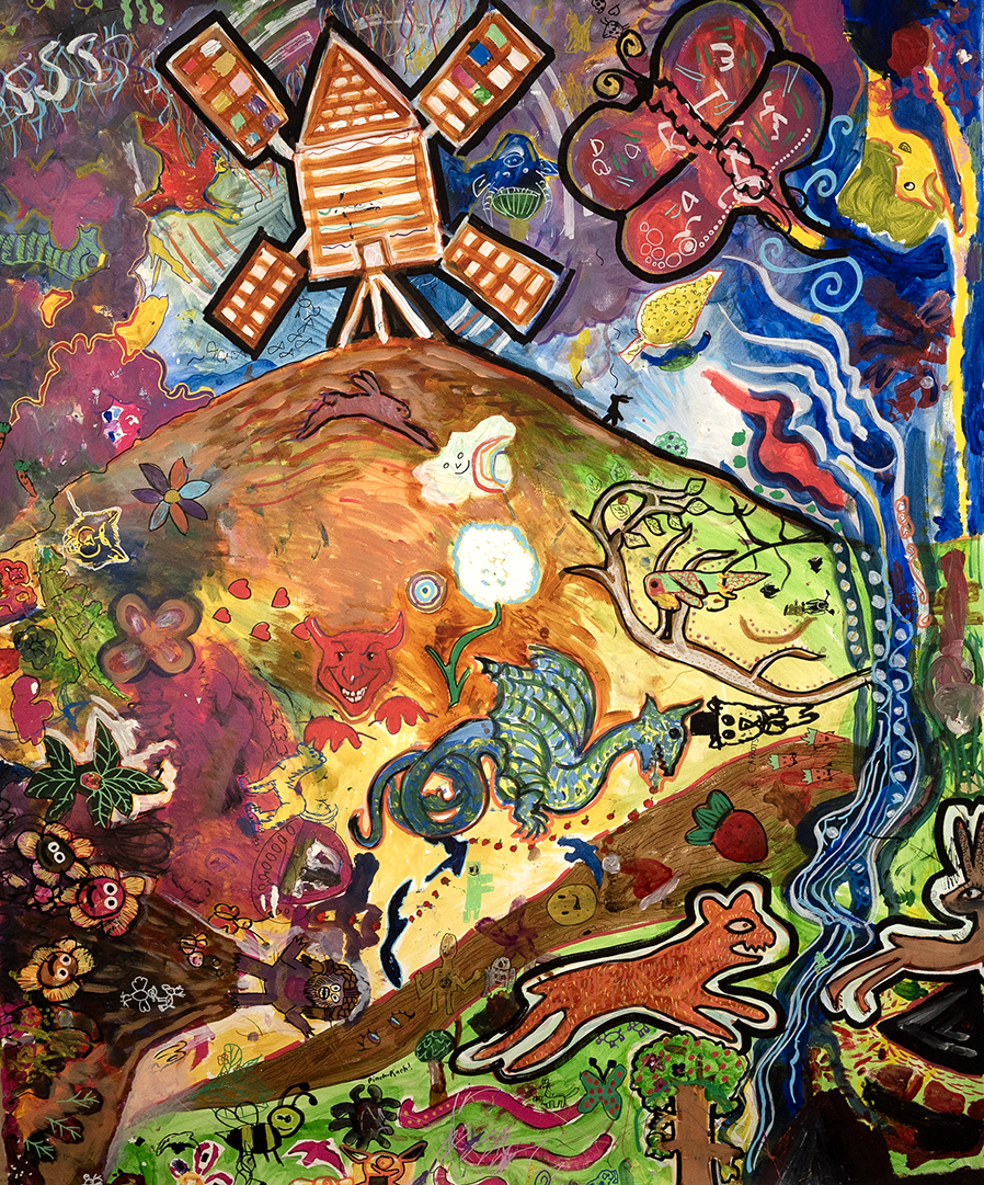 an bright colourful painting of a windmill and a hillside, with creatures like dragons, foxes and butterflies dashing around