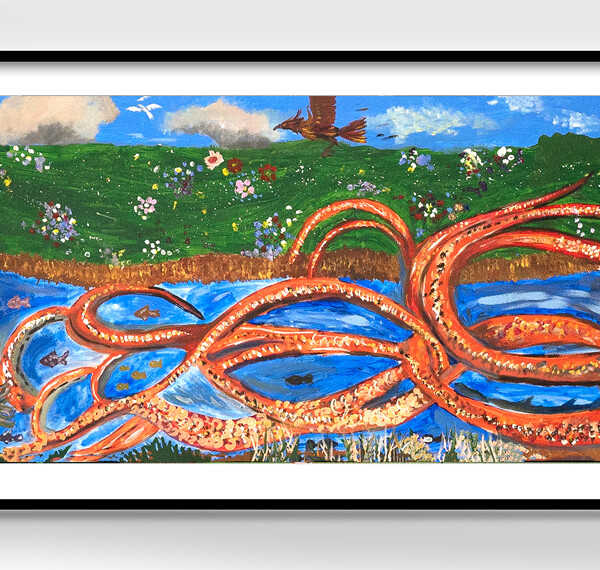 a long framed painting of the Sussex Knucker dragon