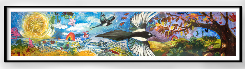 a long painting, framed. It shows the sun rising over sea, and 2 magpies flying across the sky. On the right of the image is an autumnal tree with orange and yellow leaves blowing in the wind