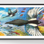 a long painting, framed. It shows the sun rising over sea, and 2 magpies flying across the sky. On the right of the image is an autumnal tree with orange and yellow leaves blowing in the wind