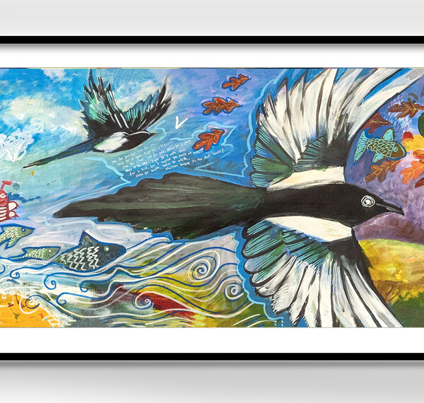 a long painting, framed. It shows the sun rising over sea, and 2 magpies flying across the sky. On the right of the image is an autumnal tree with orange and yellow leaves blowing in the wind