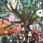 a painting of a tree, around it are hundreds of skeletons, dancing and celebrating as the sun sets behind them