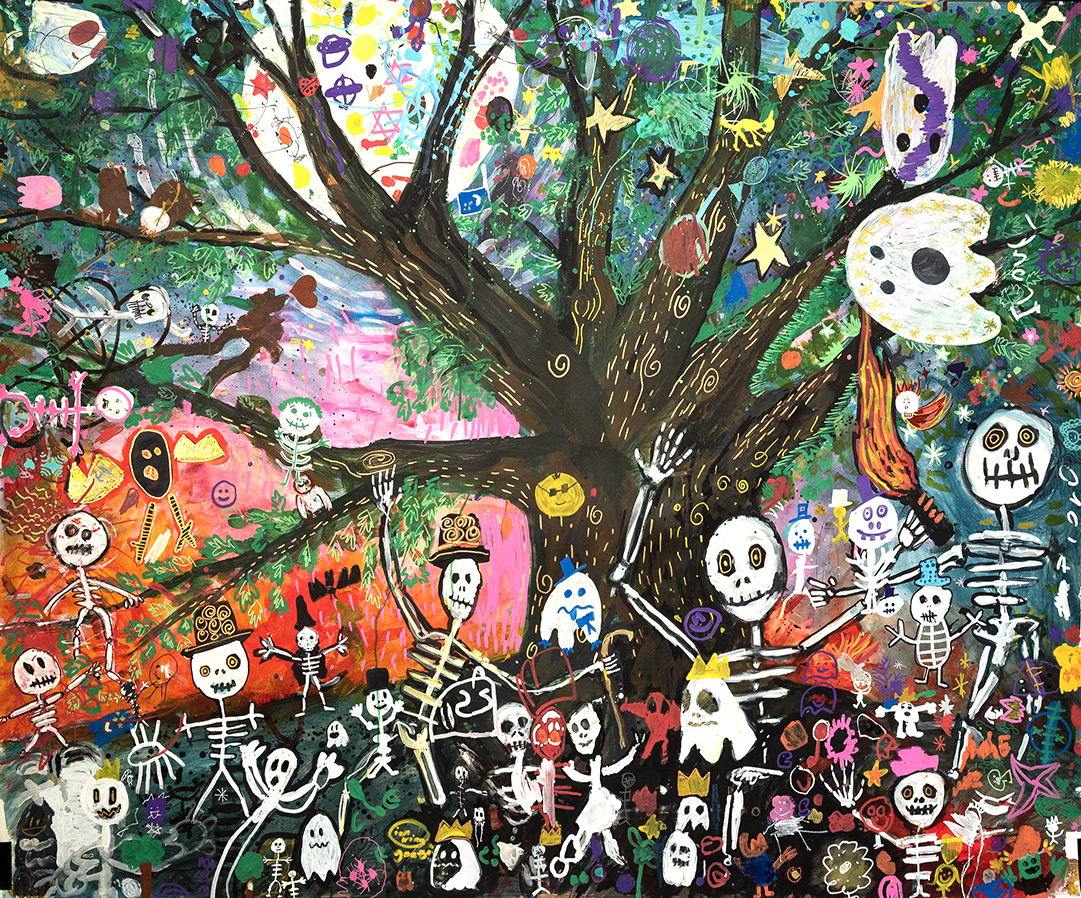 a painting of a tree, around it are hundreds of skeletons, dancing and celebrating as the sun sets behind them