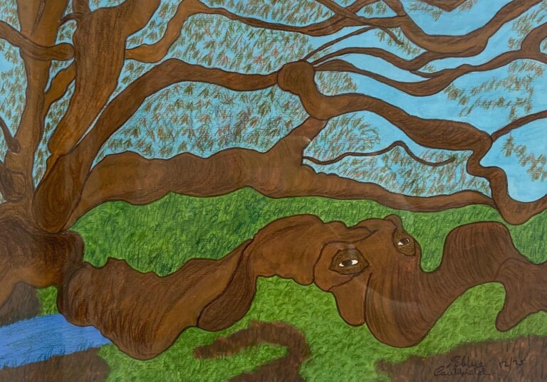 painting of an old, gnarly tree. The tree has a pair of eyes and it is leaning over to one side