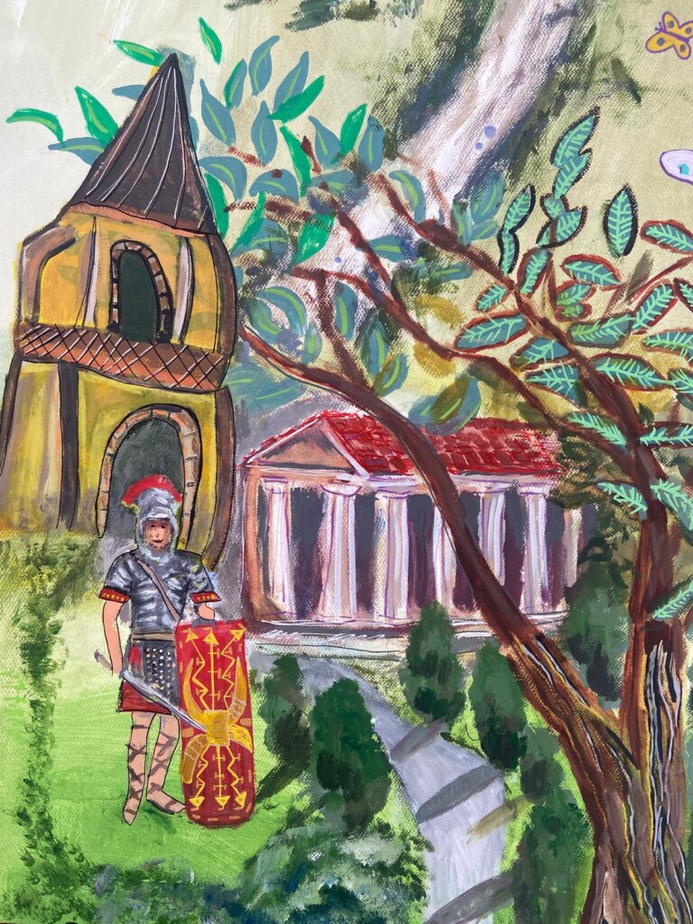 a close up of the long painting of chanctonbury ring. this section shows a roman soldier, and 2 roman temples behind him