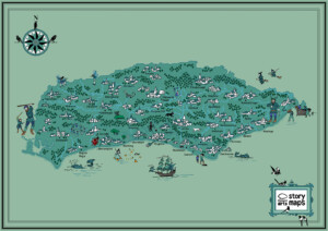 a picture of a map of Sussex, on the map there are symbols and characters to represent the location of various folk tales and legends.