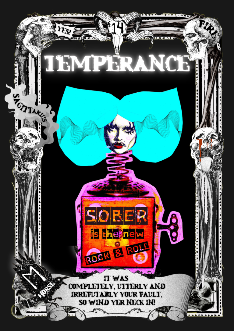 A Tarot card, titled Temperance. It shows a blue haired woman's face, emerging from a pink bottle which has the legend Sober on it