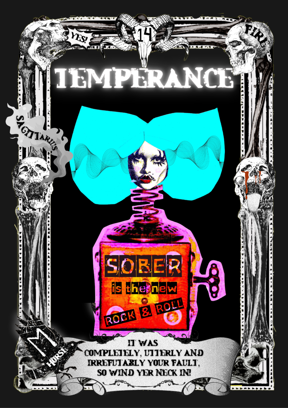 A Tarot card, titled Temperance. It shows a blue haired woman's face, emerging from a pink bottle which has the legend Sober on it