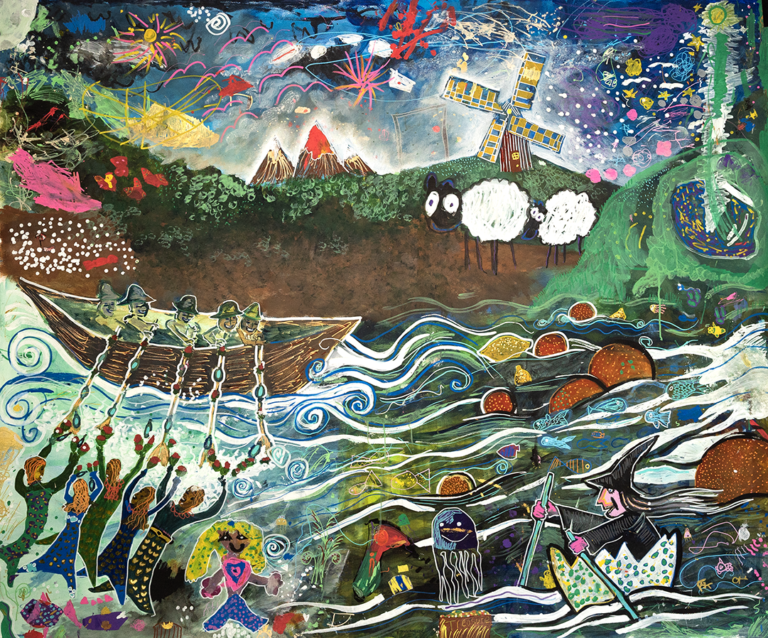 a brightly coloured painting of a rowing boat on a stormy sea. In the sea is a witch, rowing in an upturned broken eggshell, and a group of mermaids, protecting the boat