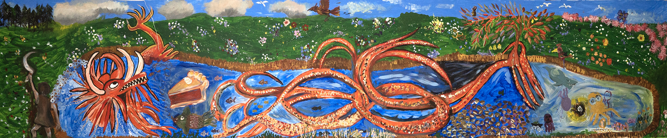 a painting of a long, curling red dragon. He's in a blue pool of water and he's about to eat a huge slice of pie