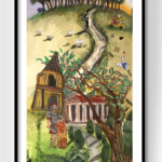 a long, thin, vertical painting depicting Chanctonbury Ring and the legends and myths associated with it. Like Roman ghosts, the devil and buried treasure
