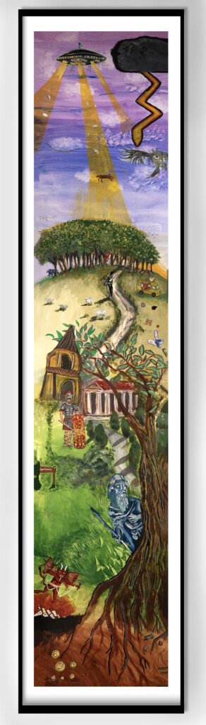 a long, thin, vertical painting depicting Chanctonbury Ring and the legends and myths associated with it. Like Roman ghosts, the devil and buried treasure