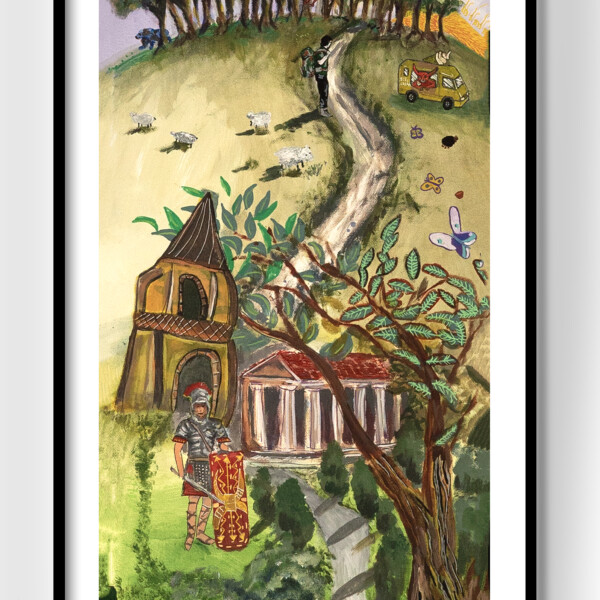 a long, thin, vertical painting depicting Chanctonbury Ring and the legends and myths associated with it. Like Roman ghosts, the devil and buried treasure