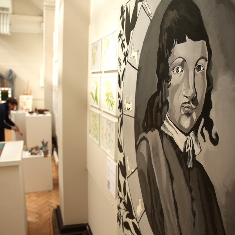 A black and white painted portrait of Herbalist, Nicholas Culpepper