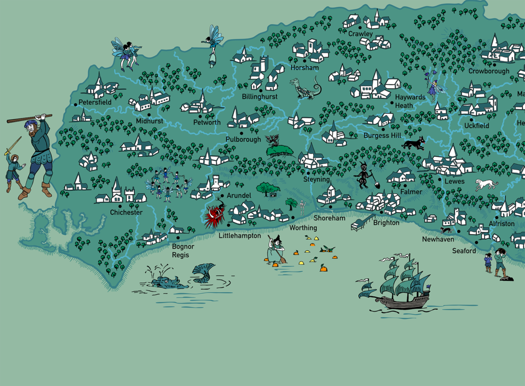 an illustrated map of Sussex, showing folklore sites