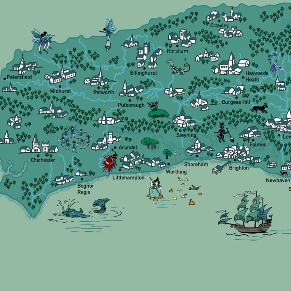 an illustrated map of Sussex, showing folklore sites