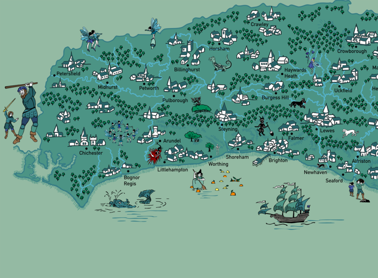 an illustrated map of Sussex, showing folklore sites