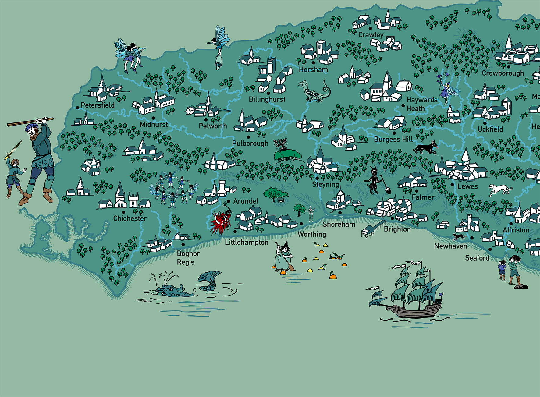 an illustrated map of Sussex, showing folklore sites