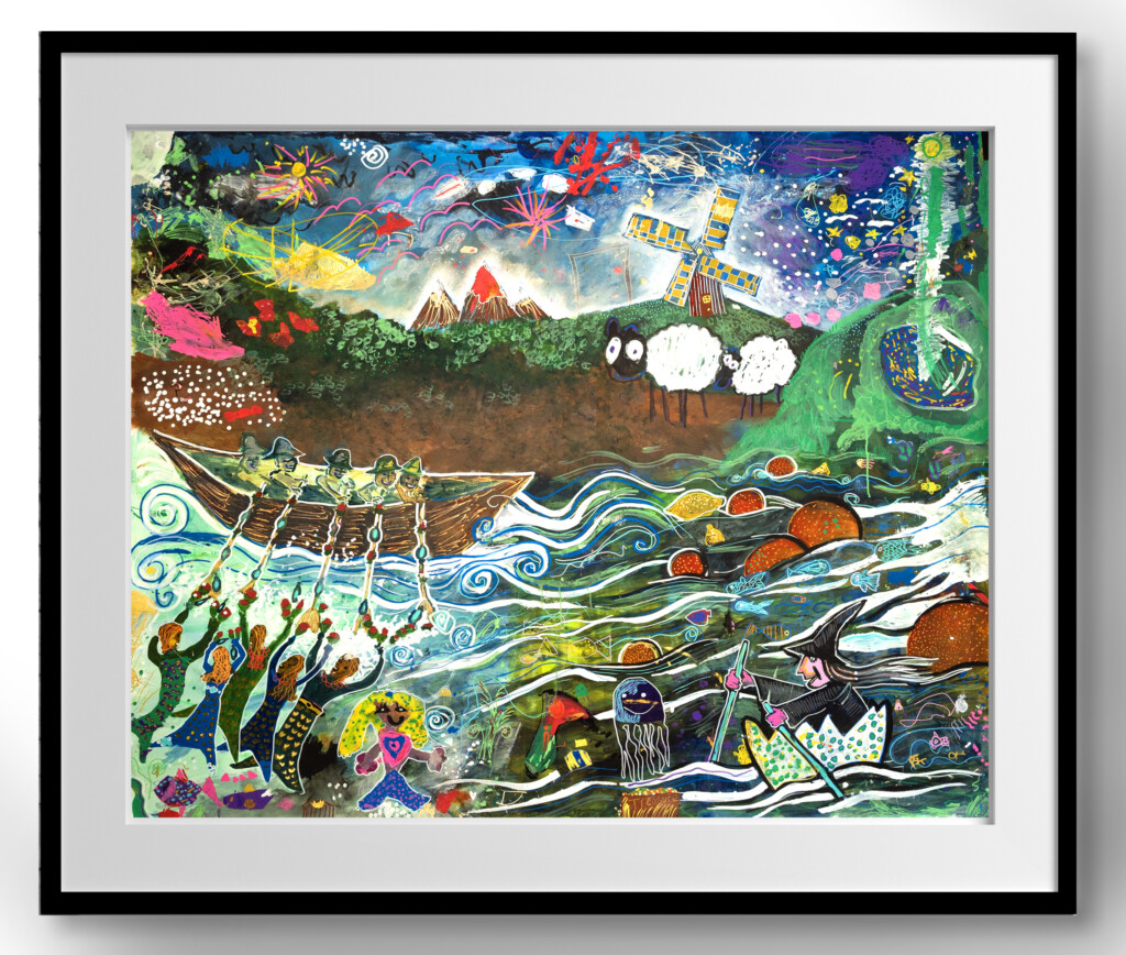 a framed painting of the wreck of the Indiana