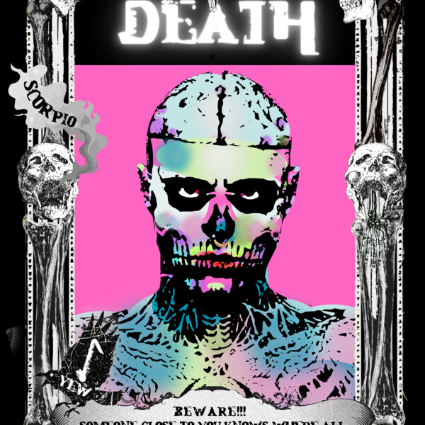 a tarot image, an ornate frame around the outside with the title 'Death'. The image is a human head and shoulders with a skull tattoo on his face