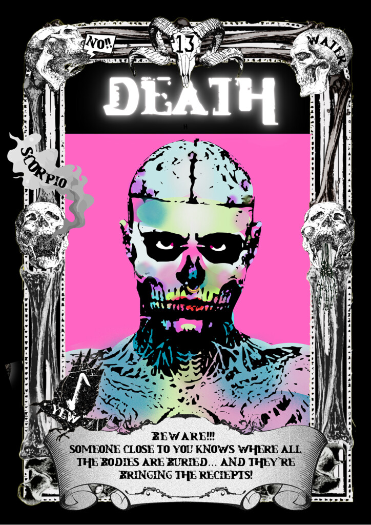 a tarot image, an ornate frame around the outside with the title 'Death'. The image is a human head and shoulders with a skull tattoo on his face