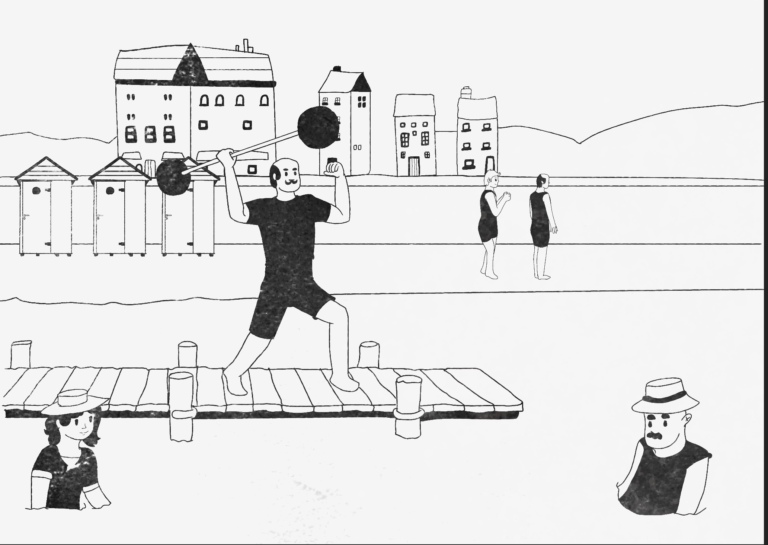 a black and white illustration of a victorian seaside scene. A circus strongman in a bathing suit is standing on a jetty with a barbell in his hand, raised over his head
