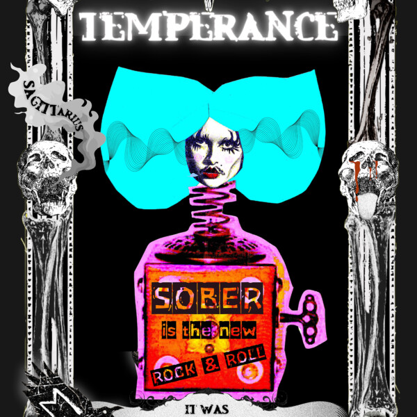 Temperance is a tarot design, with a black and white ornate frame around the image of a blue haired female head emerging from a bottle