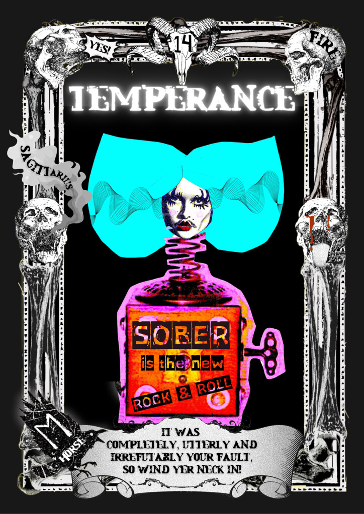 Temperance is a tarot design, with a black and white ornate frame around the image of a blue haired female head emerging from a bottle