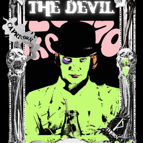 The Devil is a tarot card design, with an ornate black and white frame around a menacing green figure in a bowler hat