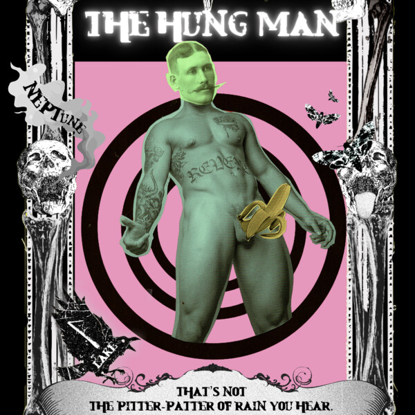 The Hung Man is a tarot design, with an ornate black and white frame surrounding a naked man, covering his genetalia is a banana