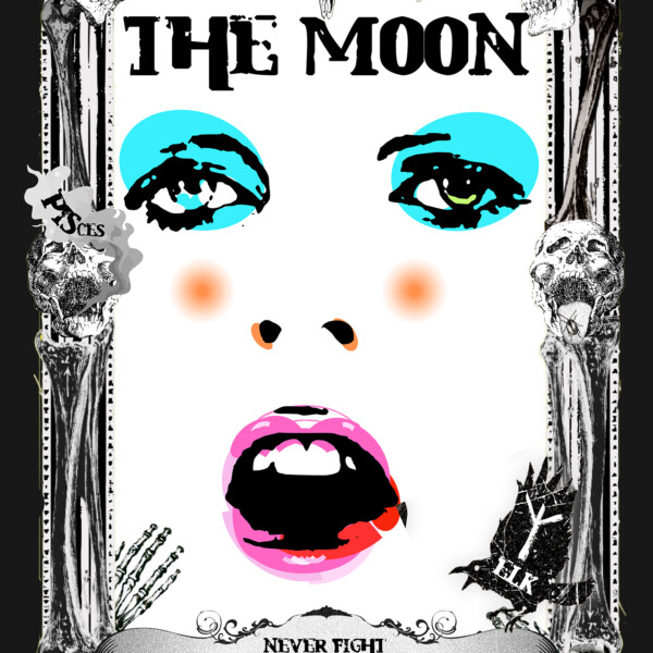 The Moon is a tarot design, a black and white border around a pale faced character with red lips and bright blue eyeshadow
